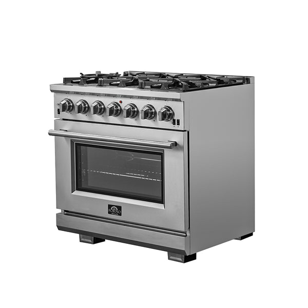 FORNO Capriasca 36" 5.36 cu. ft. Gas Range with 6 Italian Burners, Stainless Steel- FFSGS6260-36 FORNO