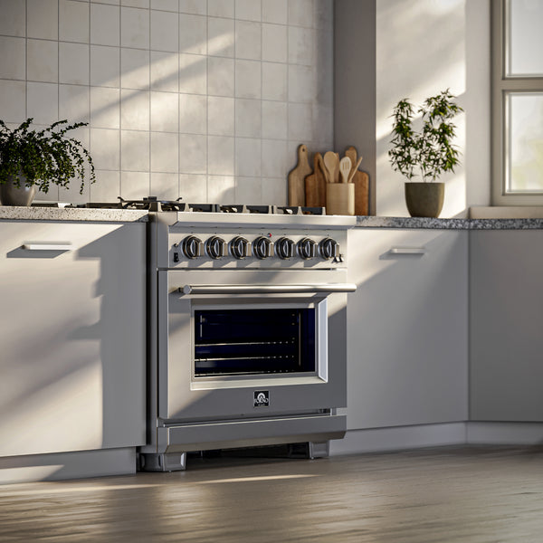 FORNO Capriasca 36" 5.36 cu. ft. Gas Range with 6 Italian Burners, Stainless Steel- FFSGS6260-36 FORNO
