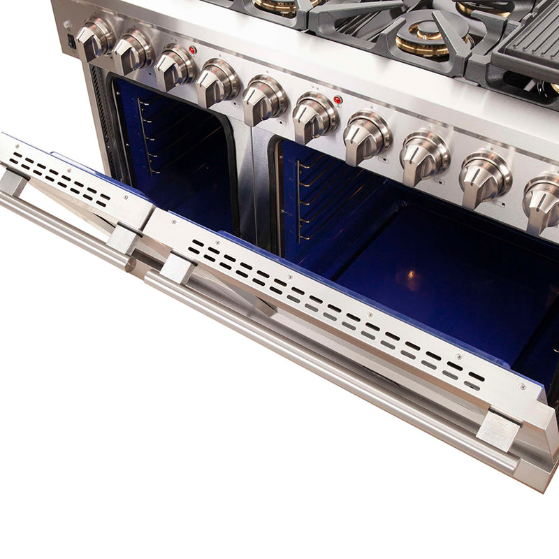 FORNO Capriasca 48-inch Gas Range Stainless Steel, 8 Brass Burners 160,000 BTU, 6.58 cu.ft. Double Oven, FFSGS6260-48 FORNO