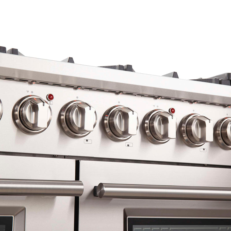 FORNO Capriasca 48-inch Gas Range Stainless Steel, 8 Brass Burners 160,000 BTU, 6.58 cu.ft. Double Oven, FFSGS6260-48 FORNO