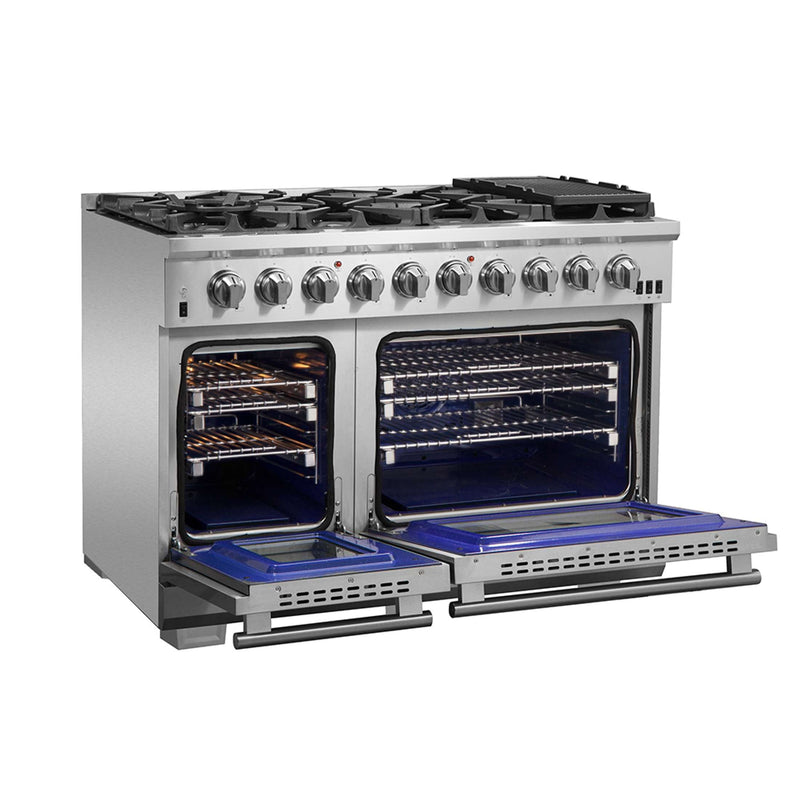 FORNO Capriasca 48-inch Gas Range Stainless Steel, 8 Brass Burners 160,000 BTU, 6.58 cu.ft. Double Oven, FFSGS6260-48 FORNO
