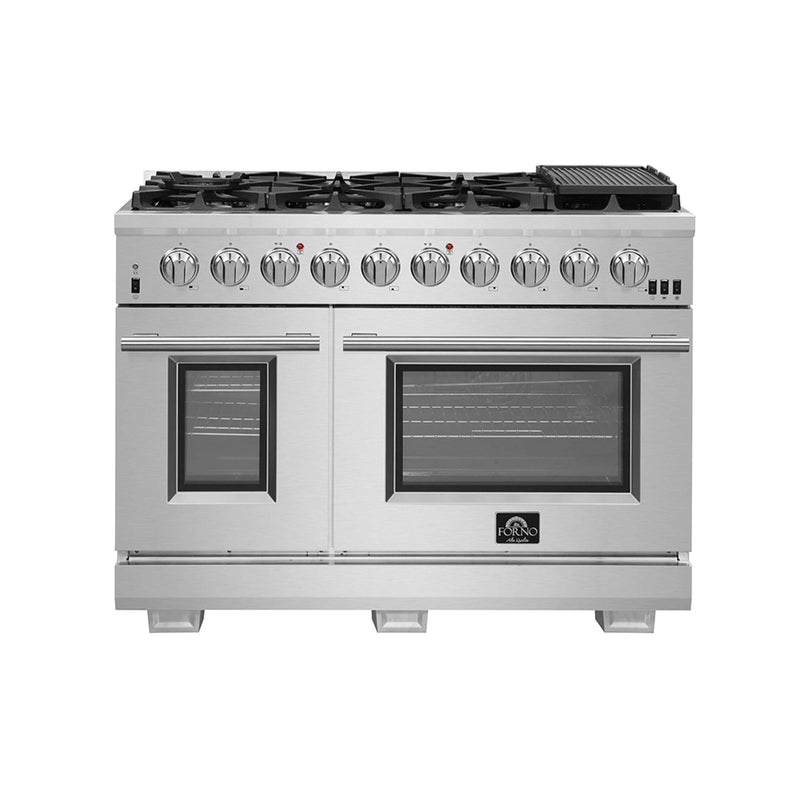 FORNO Premium 3-Piece Kitchen Bundle - 48 Inch Pro Gas Range, Wall Mount Range Hood, Refrigerator, FBDL-019-05US FORNO