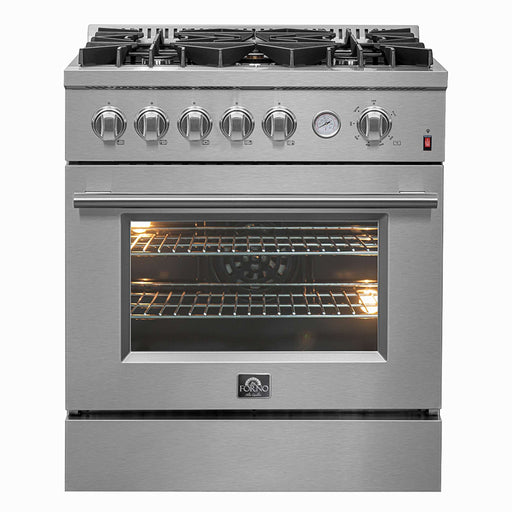 FORNO Giovanni 30-inch Gas Range Stainless Steel, 5 Burners 67,000 BTU, 4.32 cu.ft. Convection Oven, FFSGS6274-30 FORNO