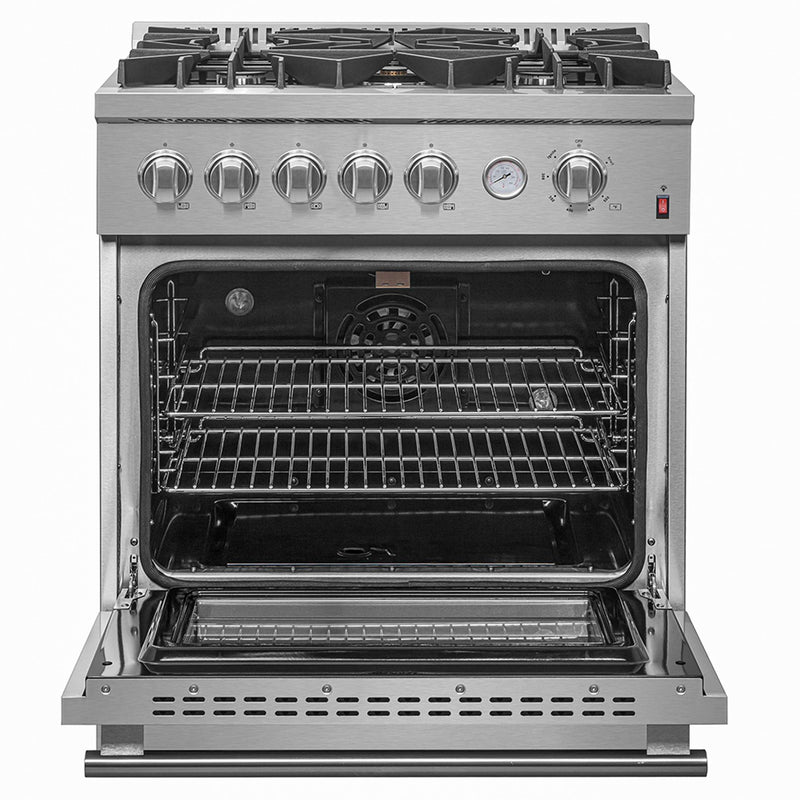 FORNO Giovanni 30-inch Gas Range Stainless Steel, 5 Burners 67,000 BTU, 4.32 cu.ft. Convection Oven, FFSGS6274-30 FORNO