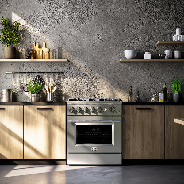 FORNO Giovanni 30-inch Gas Range Stainless Steel, 5 Burners 67,000 BTU, 4.32 cu.ft. Convection Oven, FFSGS6274-30 FORNO