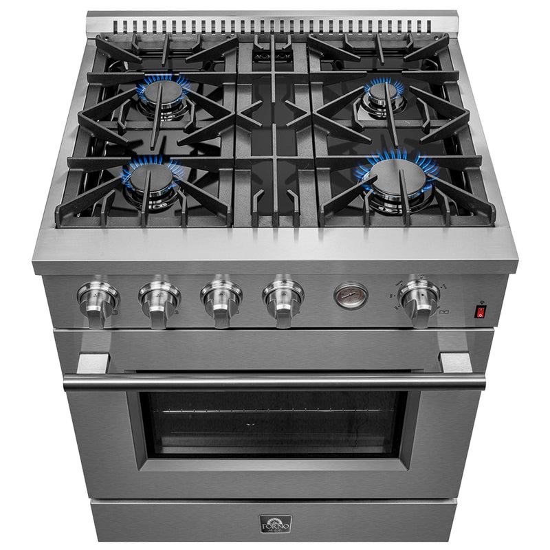 FORNO Marco 30-inch Gas Range Stainless Steel, 4 Burners 37,000 BTU, 4.32 cu.ft. Convection Oven, FFSGS6277-30 FORNO