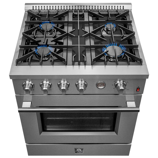 FORNO Marco 30-inch Gas Range Stainless Steel, 4 Burners 37,000 BTU, 4.32 cu.ft. Convection Oven, FFSGS6277-30 FORNO