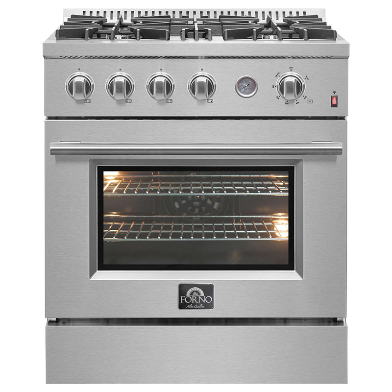 FORNO Marco 30-inch Gas Range Stainless Steel, 4 Burners 37,000 BTU, 4.32 cu.ft. Convection Oven, FFSGS6277-30 FORNO