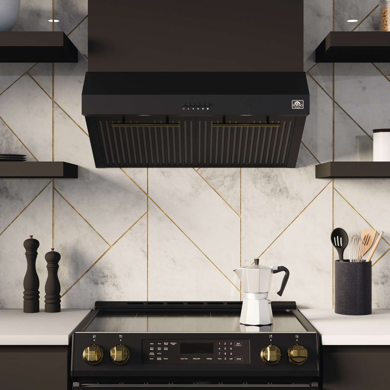 FORNO Premium 2-Piece Kitchen Bundle - Leonardo Espresso 30" Black Range, 30" Black Range Hood, FBDL-002-02US FORNO