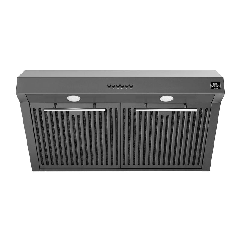 FORNO Espresso Package - 30" Electric Range, Range Hood, Refrigerator and Dishwasher in Black with Antique Brass Handles, FBDL-006-02US FORNO