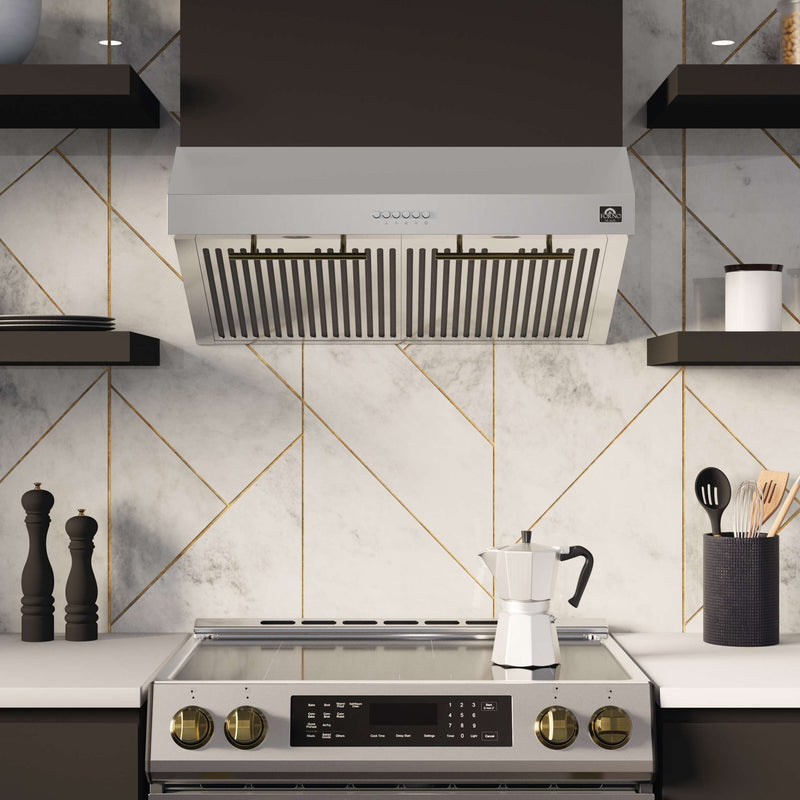 FORNO Espresso Bundle - 30" Electric Range, Under Cabinet Range Hood, 31" Refrigerator and 24" Dishwasher, FBDL-010-01US FORNO