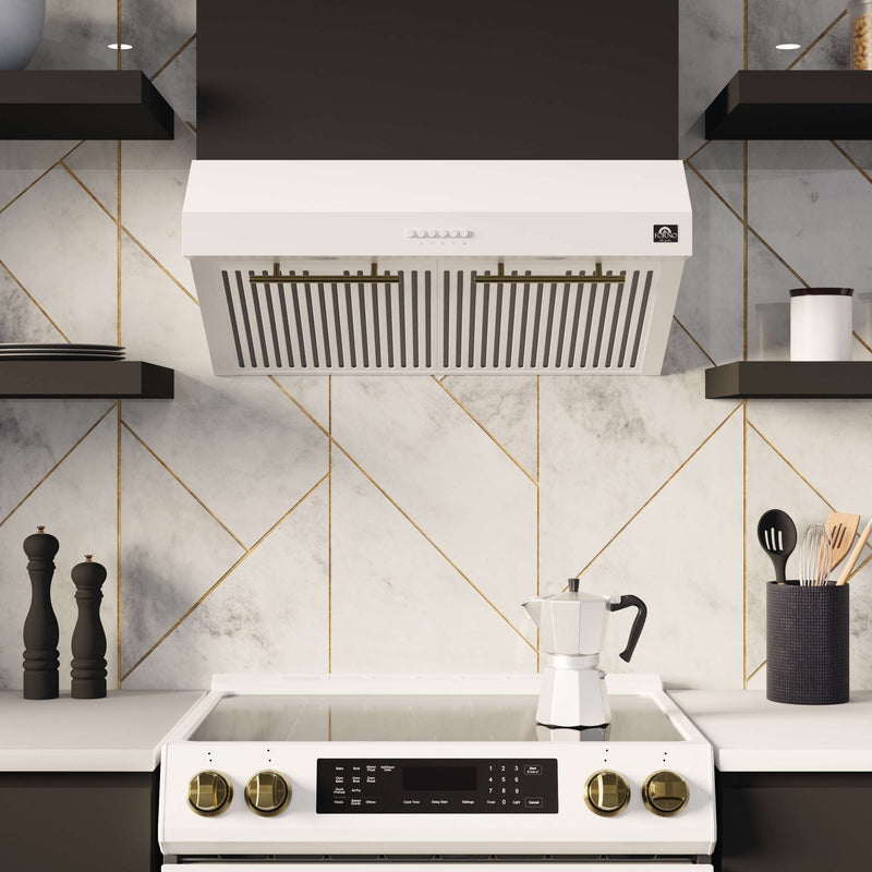 FORNO Premium 3-Piece Kitchen Bundle - Leonardo Espresso 30" White Range, 30" White Range Hood, 31" White Bottom Freezer Refrigerator, FBDL-001-03US FORNO