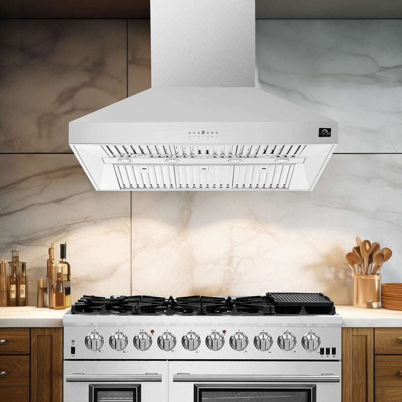 FORNO Premium 3-Piece Kitchen Bundle - 48" Gas Range, Wall Mount Range Hood and 60" Refrigerator with Modern Grill Trim, FBDL-018-04CAUS FORNO