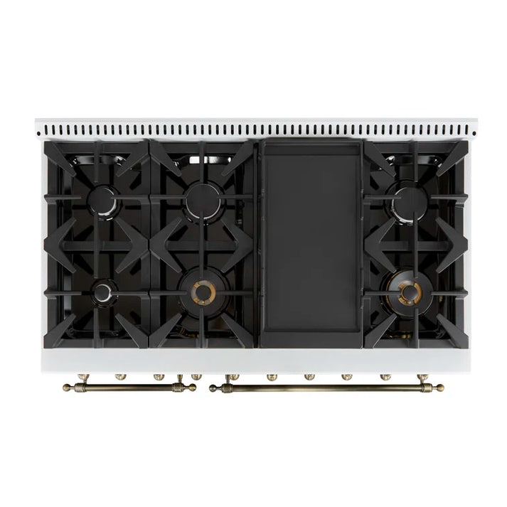 FORNO Espresso Antico 48" 5.5 cu. ft. Dual Fuel Range with 8 Sealed Burners and Griddle in White with Antique Brass Accents, FFSGS6113-48WHT