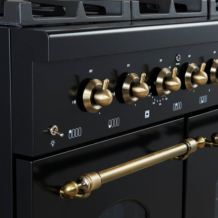 FORNO Antico 48" 5.5 cu. ft. Gas Range with 8 Sealed Burners and Griddle in Black with Antique Brass Accents- FFSGS6219-48BLK