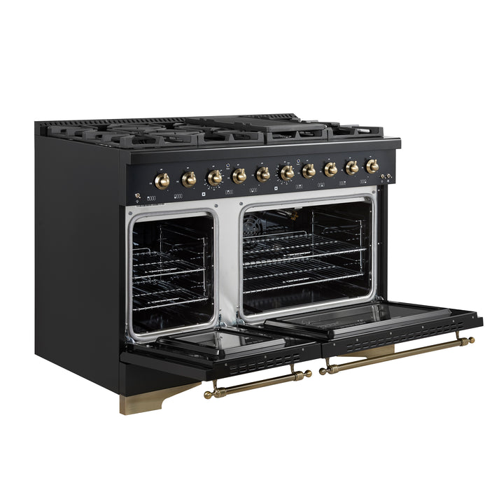 FORNO Antico 48" 5.5 cu. ft. Gas Range with 8 Sealed Burners and Griddle in Black with Antique Brass Accents- FFSGS6219-48BLK