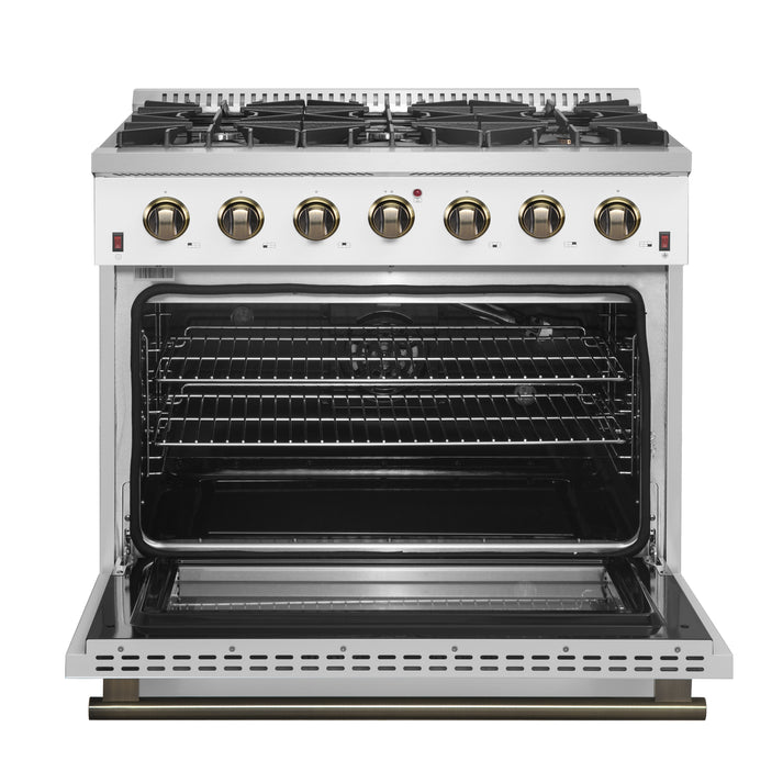 FORNO Galiano 36" 5.36 cu. ft. Gas Range with 6 Sealed Burners in White with Antique Brass Accents- FFSGS6244-36WHT