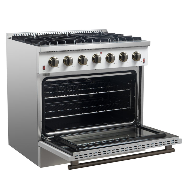 FORNO Galiano 36" 5.36 cu. ft. Gas Range with 6 Sealed Burners in White with Antique Brass Accents- FFSGS6244-36WHT