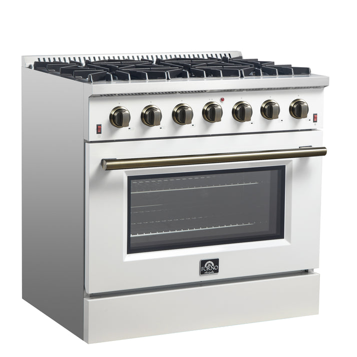 FORNO Galiano 36" 5.36 cu. ft. Gas Range with 6 Sealed Burners in White with Antique Brass Accents- FFSGS6244-36WHT