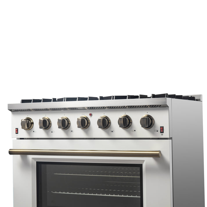 FORNO Galiano 36" 5.36 cu. ft. Gas Range with 6 Sealed Burners in White with Antique Brass Accents- FFSGS6244-36WHT