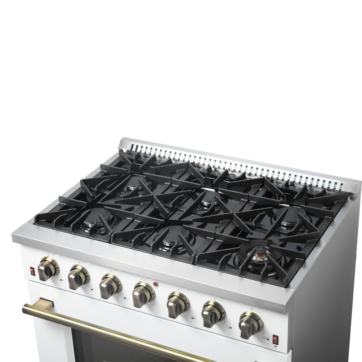 FORNO Galiano 36" 5.36 cu. ft. Gas Range with 6 Sealed Burners in White with Antique Brass Accents- FFSGS6244-36WHT