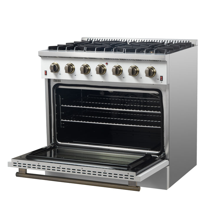 FORNO Galiano 36" 5.36 cu. ft. Gas Range with 6 Sealed Burners in White with Antique Brass Accents- FFSGS6244-36WHT