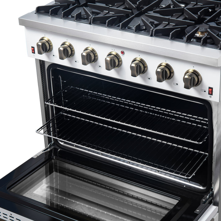FORNO Galiano 36" 5.36 cu. ft. Gas Range with 6 Sealed Burners in White with Antique Brass Accents- FFSGS6244-36WHT