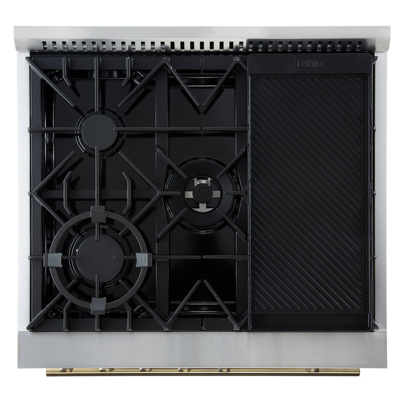 FORNO Giovanni 30" 4.32 cu. ft. Gas Range with 5 Burners, Air Fry Basket, Wok Support and Griddle in White with Antique Brass Accents- FFSGS6274-30WHT