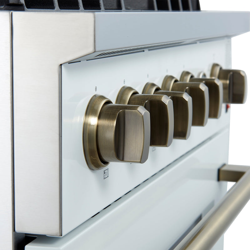 FORNO Giovanni 30" 4.32 cu. ft. Gas Range with 5 Burners, Air Fry Basket, Wok Support and Griddle in White with Antique Brass Accents- FFSGS6274-30WHT