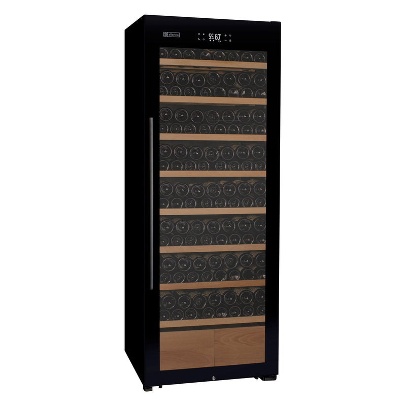 29" Wide 248 Bottle Single Zone Black Glass Right Hinge Wine Refrigerator with Display Shelving Allavino