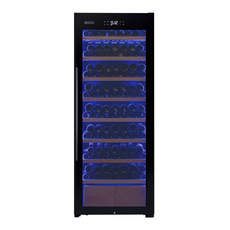 29" Wide 248 Bottle Single Zone Black Glass Right Hinge Wine Refrigerator with Display Shelving Allavino