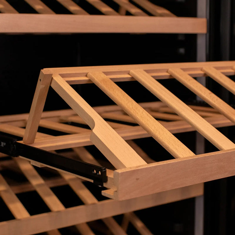 29" Wide 248 Bottle Single Zone Black Glass Left Hinge Wine Refrigerator with Display Shelving Allavino