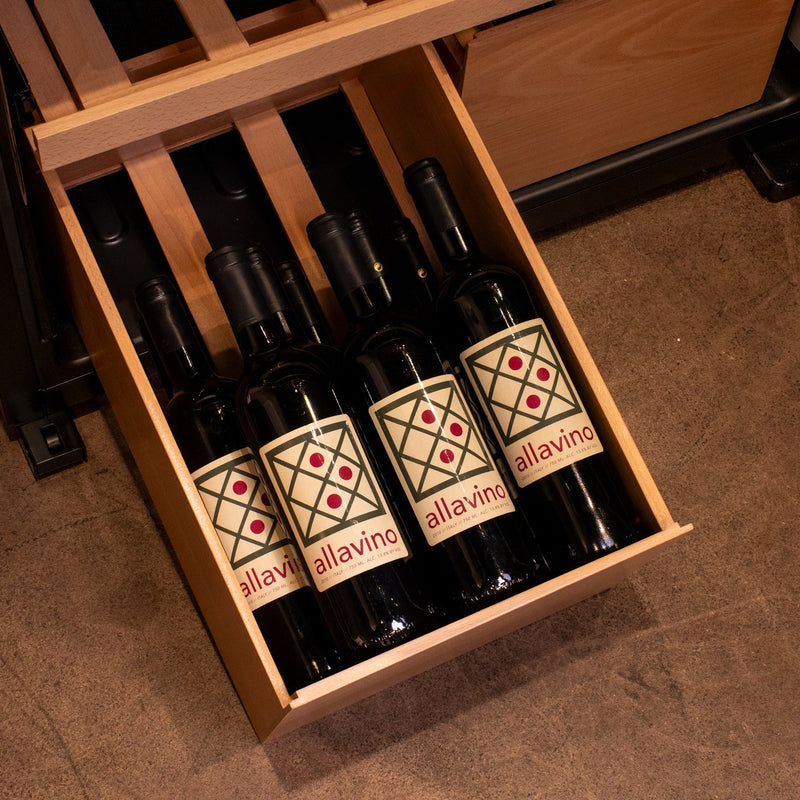 29" Wide 248 Bottle Single Zone Black Glass Left Hinge Wine Refrigerator with Display Shelving Allavino