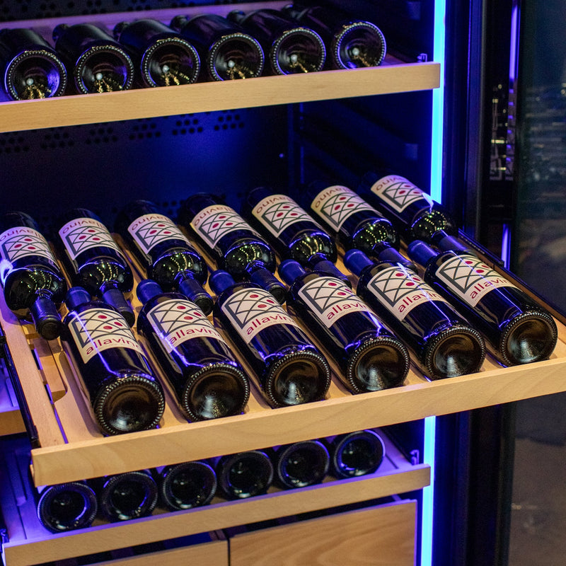 29" Wide 248 Bottle Single Zone Black Glass Left Hinge Wine Refrigerator with Display Shelving Allavino