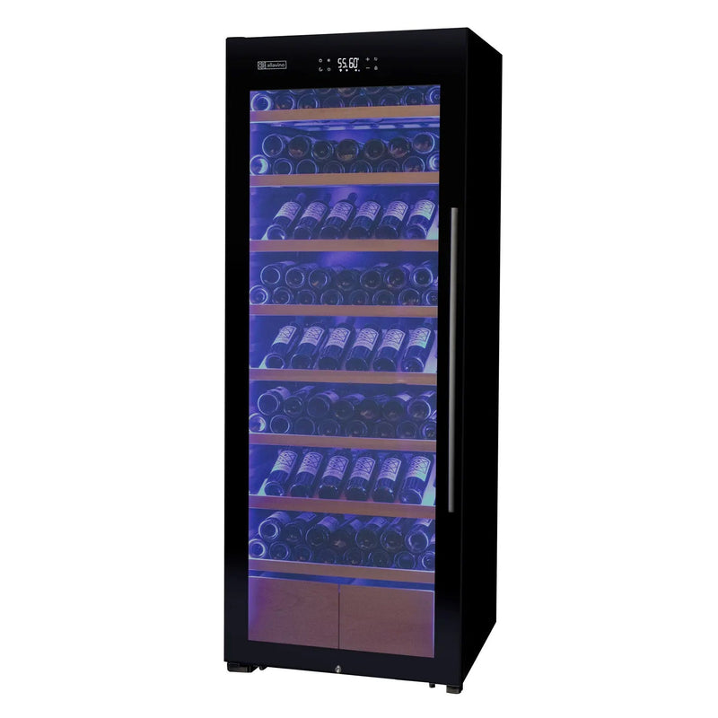 29" Wide 248 Bottle Single Zone Black Glass Left Hinge Wine Refrigerator with Display Shelving Allavino