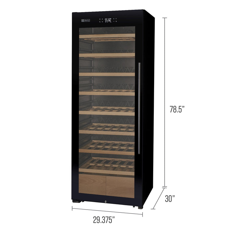 29" Wide 248 Bottle Single Zone Black Glass Left Hinge Wine Refrigerator with Display Shelving Allavino