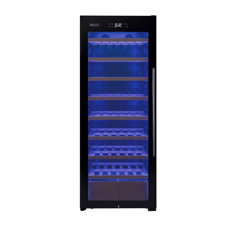 29" Wide 248 Bottle Single Zone Black Glass Left Hinge Wine Refrigerator with Display Shelving Allavino