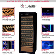 29" Wide 248 Bottle Single Zone Black Glass Left Hinge Wine Refrigerator with Display Shelving Allavino