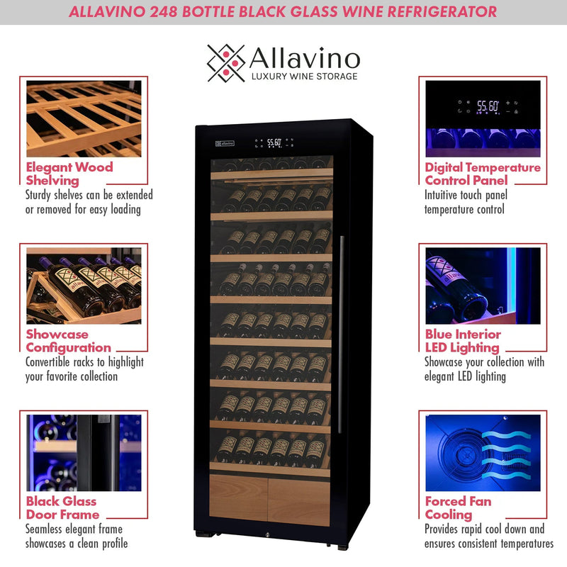 29" Wide 248 Bottle Single Zone Black Glass Left Hinge Wine Refrigerator with Display Shelving Allavino
