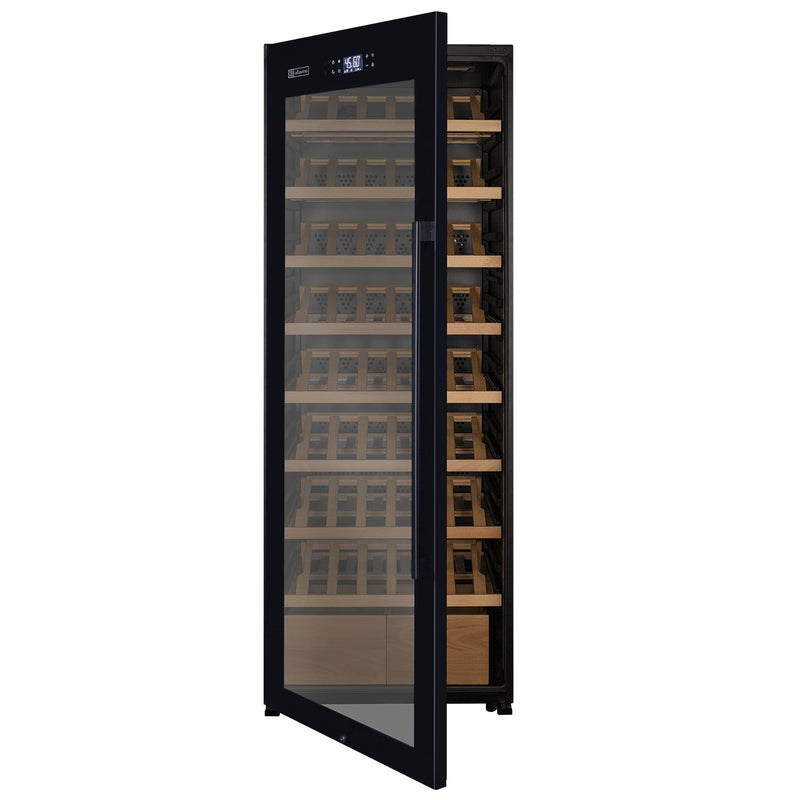 29" Wide 248 Bottle Single Zone Black Glass Left Hinge Wine Refrigerator with Display Shelving Allavino