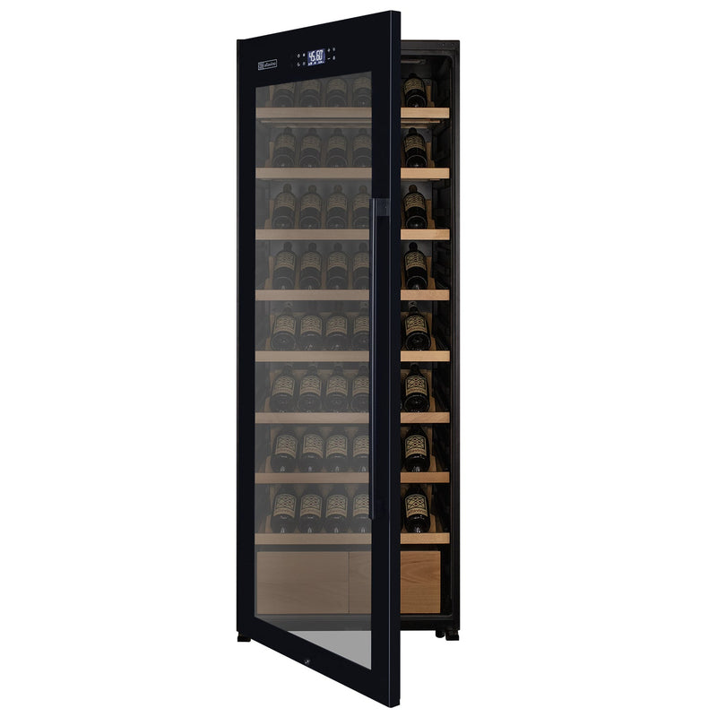 29" Wide 248 Bottle Single Zone Black Glass Left Hinge Wine Refrigerator with Display Shelving Allavino