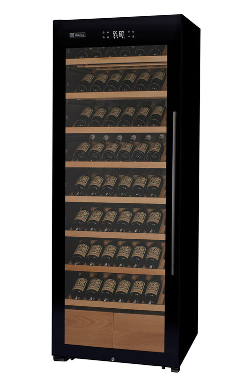 29" Wide 248 Bottle Single Zone Black Glass Left Hinge Wine Refrigerator with Display Shelving Allavino