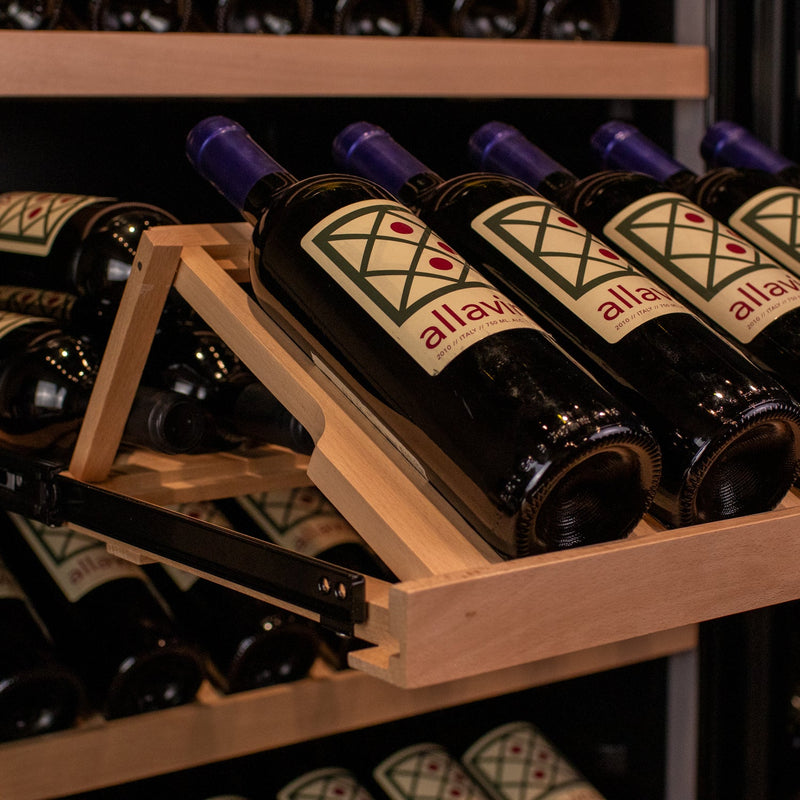 29" Wide 248 Bottle Single Zone Black Glass Right Hinge Wine Refrigerator with Display Shelving Allavino