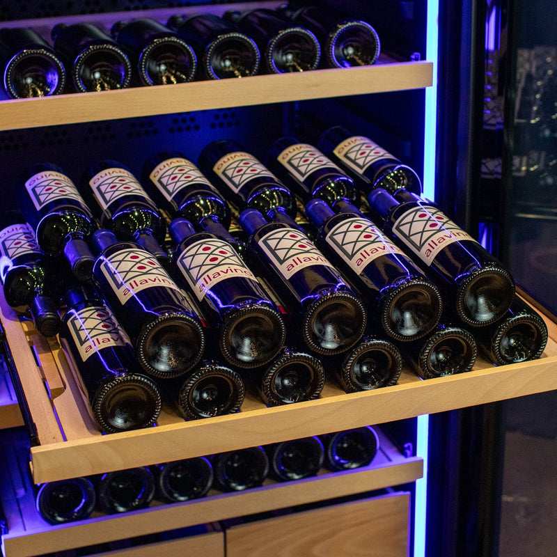29" Wide 248 Bottle Single Zone Black Glass Right Hinge Wine Refrigerator with Display Shelving Allavino