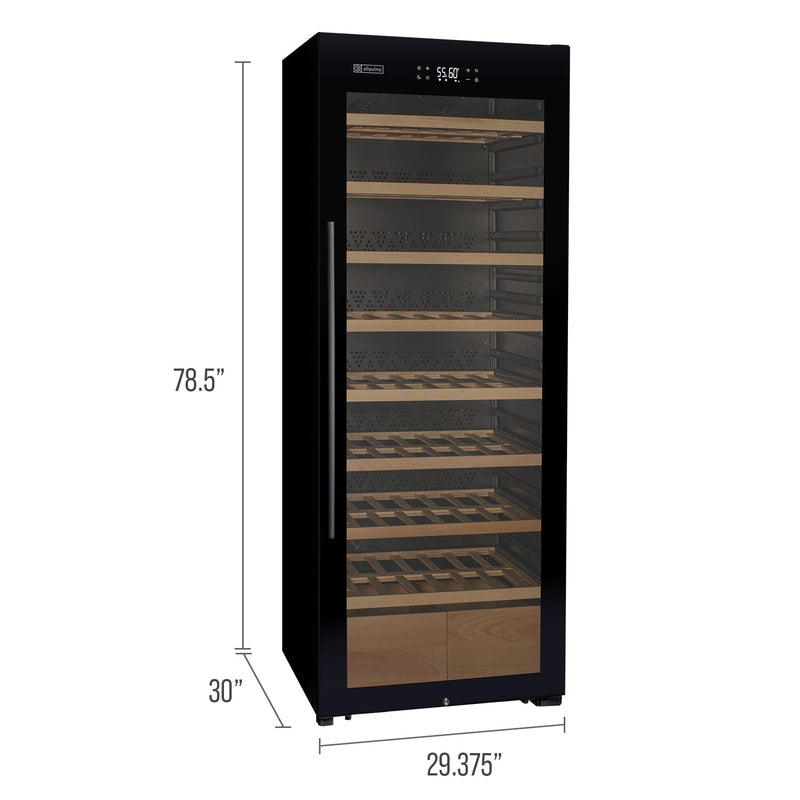 29" Wide 248 Bottle Single Zone Black Glass Right Hinge Wine Refrigerator with Display Shelving Allavino