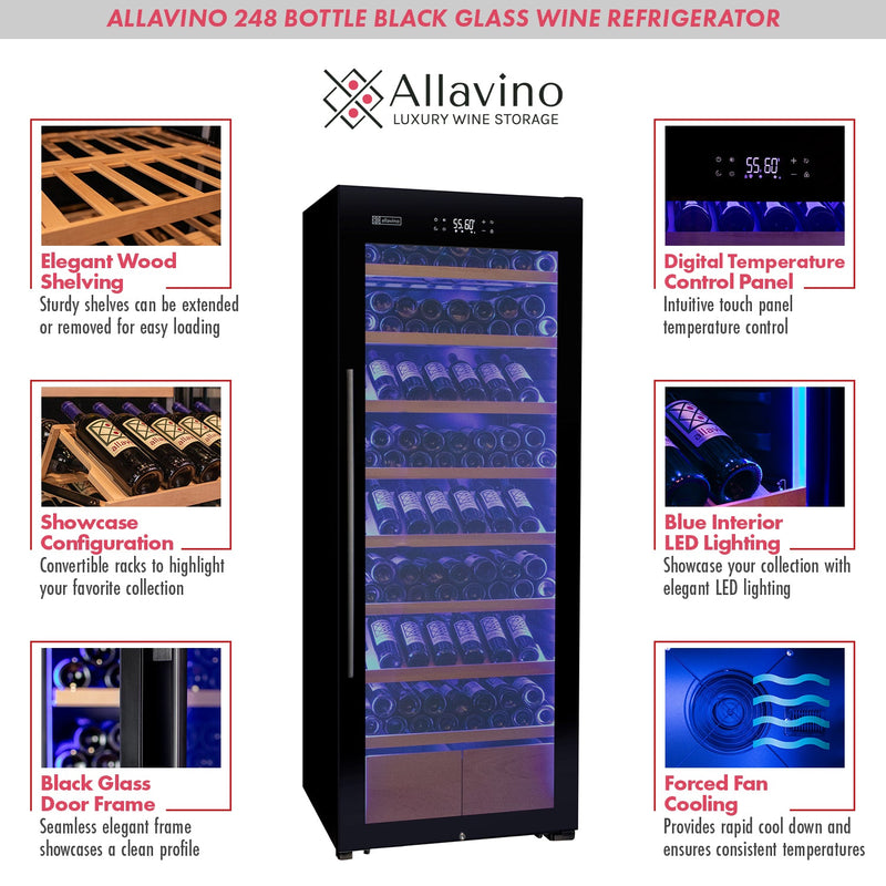 29" Wide 248 Bottle Single Zone Black Glass Right Hinge Wine Refrigerator with Display Shelving Allavino