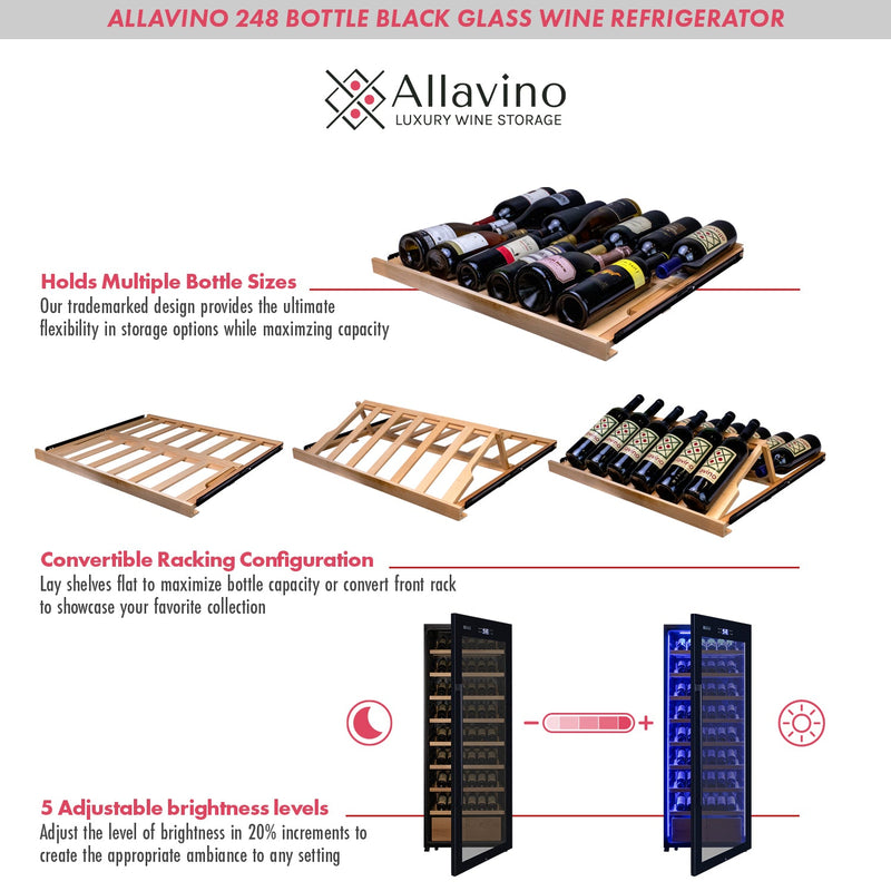 29" Wide 248 Bottle Single Zone Black Glass Right Hinge Wine Refrigerator with Display Shelving Allavino