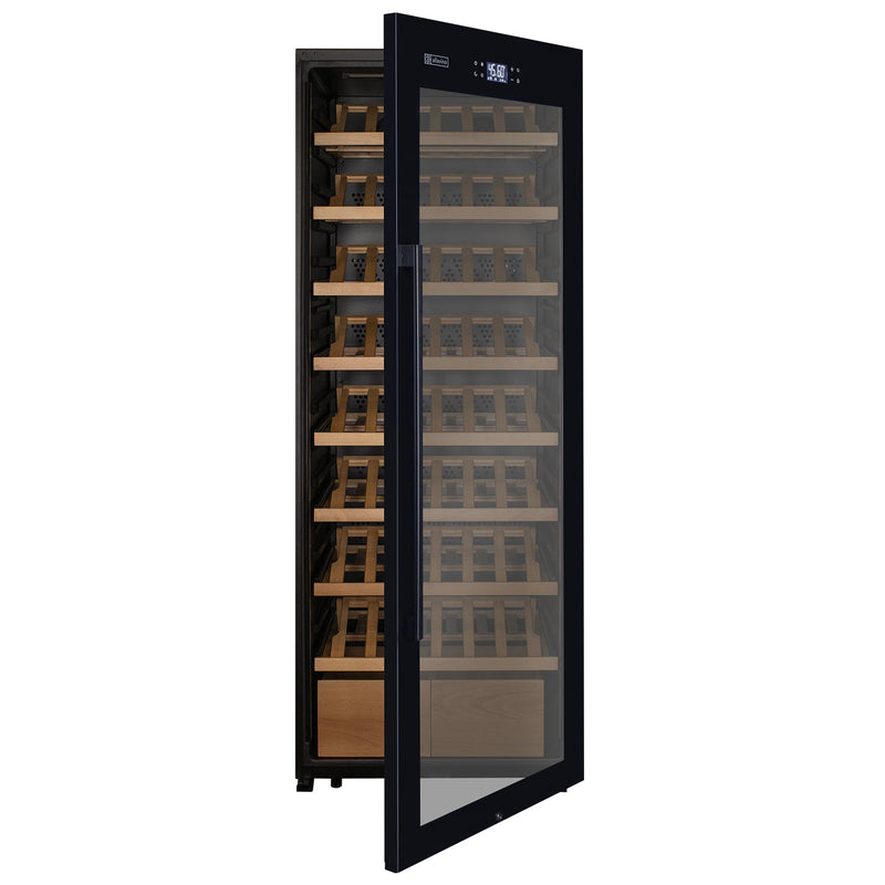 29" Wide 248 Bottle Single Zone Black Glass Right Hinge Wine Refrigerator with Display Shelving Allavino