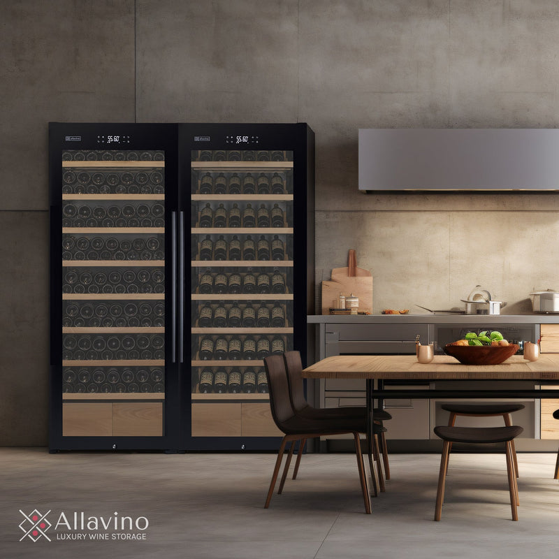 29" Wide 248 Bottle Single Zone Black Glass Right Hinge Wine Refrigerator with Display Shelving Allavino