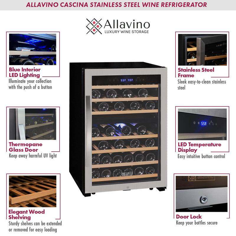 Cascina Series 47 Bottle Dual Zone Freestanding Wine Cooler Refrigerator with Stainless Steel Door Allavino